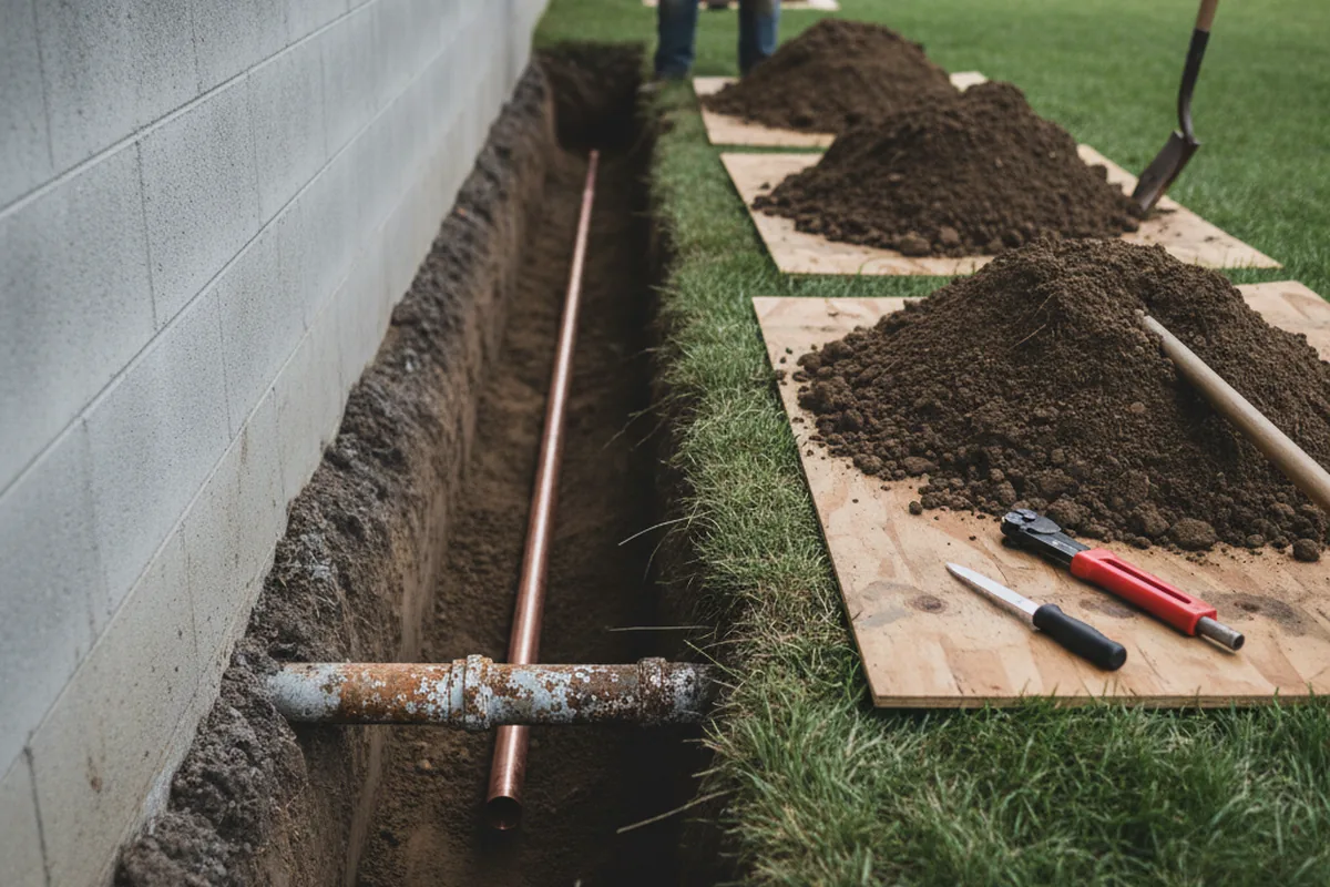 Excavated water line trench during Sewer Line Repair in Lisle